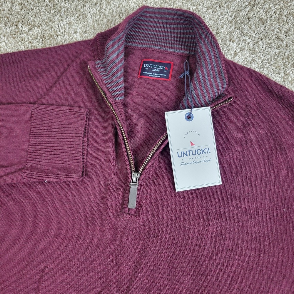 NWT Untuckit Mens Large Solid Maroon Stretch Knit Quarter Zip 100% Merino Wool